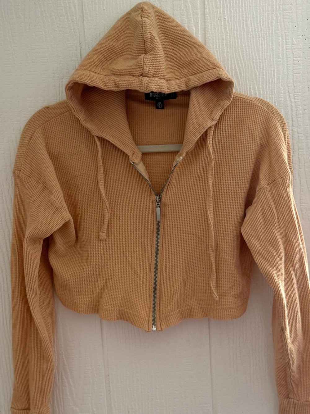 Missguided Cropped Waffle Zip Hoodie - Beige
